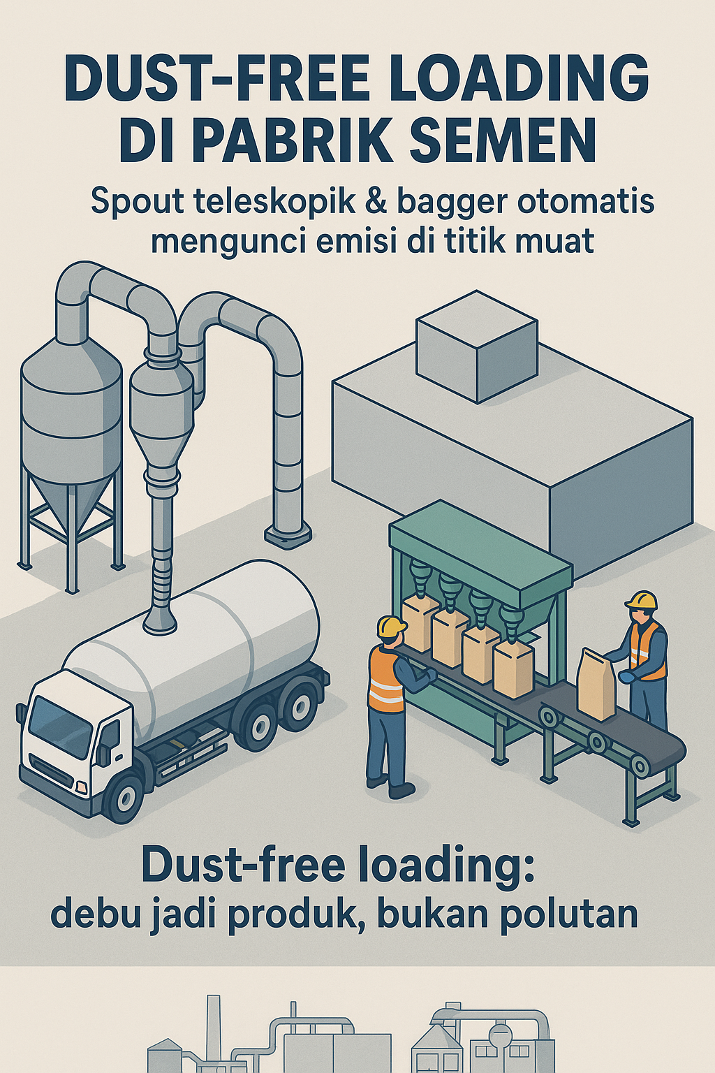 Dust-Free Loading di Pabrik Semen: Optimasi Spout Teleskopik dan Bagger Otomatis untuk Kendali Debu Maksimal