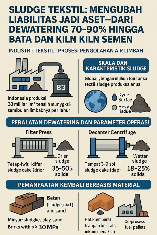 Sludge Tekstil: Mengubah Liabilitas Jadi Aset—Dari Dewatering 70–90% hingga Bata dan Kiln Semen
