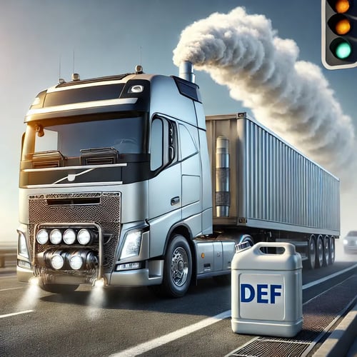 DALL·E 2025-03-04 09.13.42 - A modern diesel truck equipped with a Selective Catalytic Reduction (SCR) system driving on a highway. The truck emits clean exhaust fumes, symbolizin