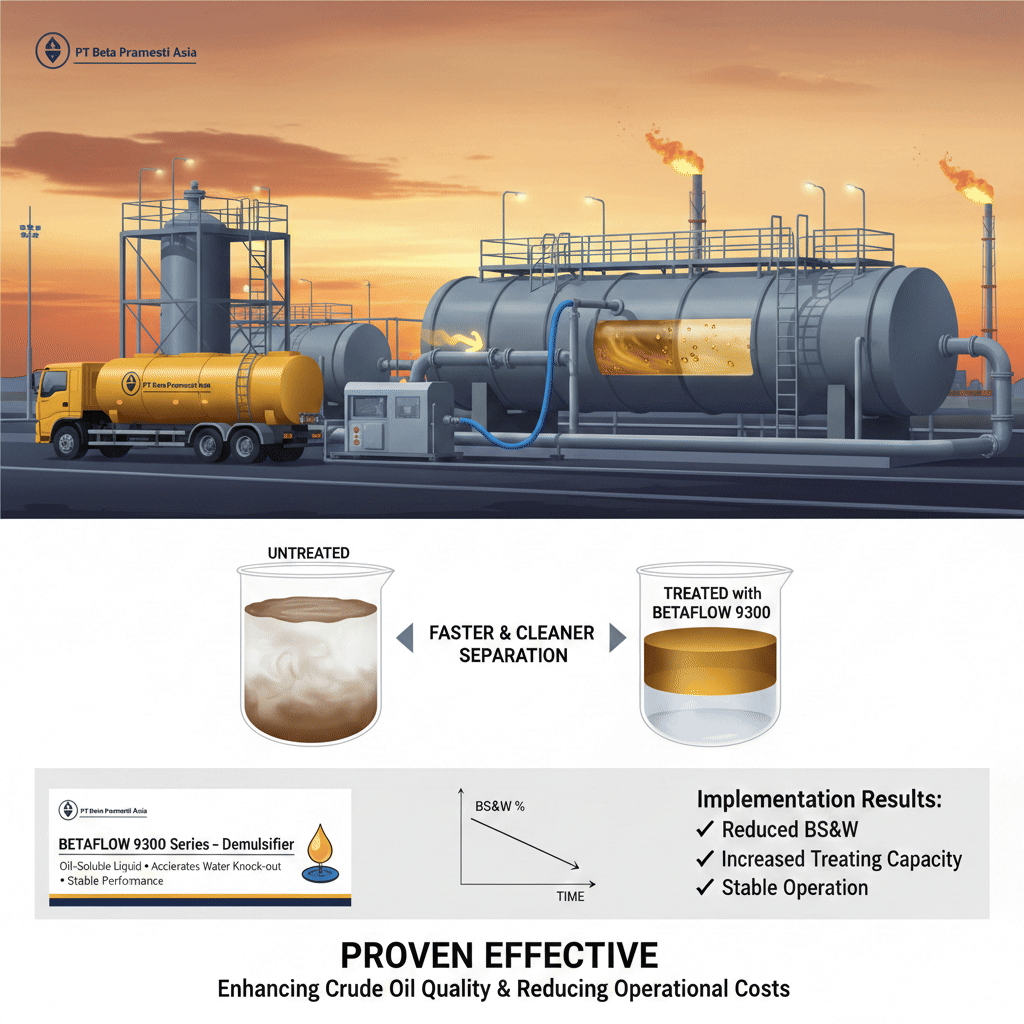 Oil and water separation process at an onshore crude oil production facility using BETAFLOW 9300 Series